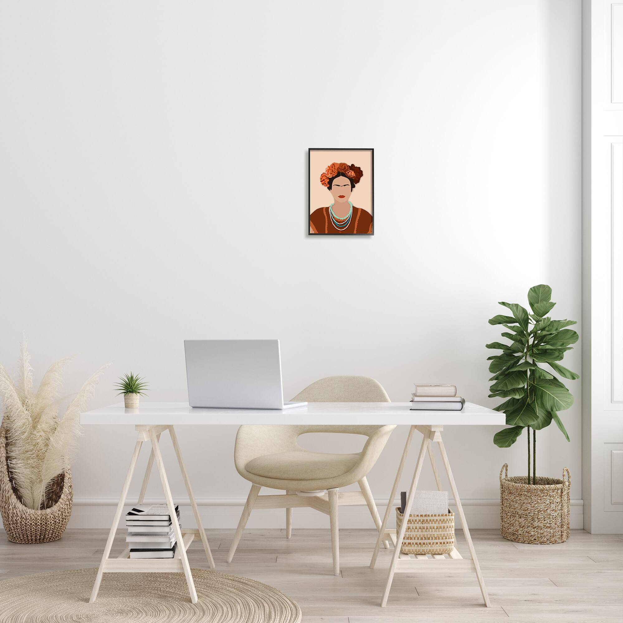 Stupell Industries Frida Artist Portrait Orange Floral Blue Bead Necklace in Frame Wall Art